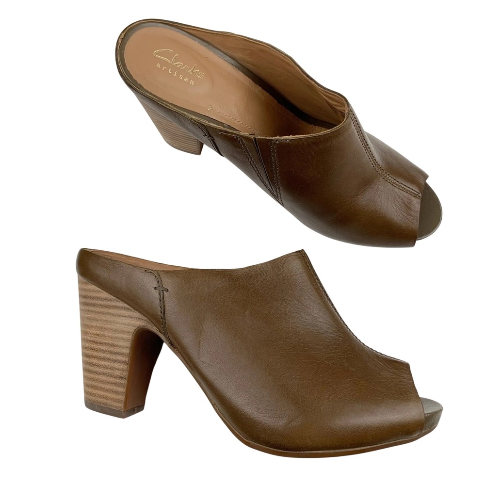 Clarks Artisan Brown Leather Peep Toe Mules Block Heel 26110633 Womens Size‎ 8
